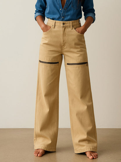 Women's Beige Zipper Design Baggy Jeans