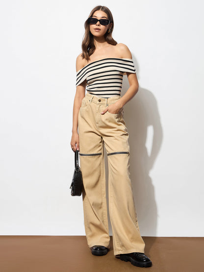 Women's Beige Zipper Design Baggy Jeans