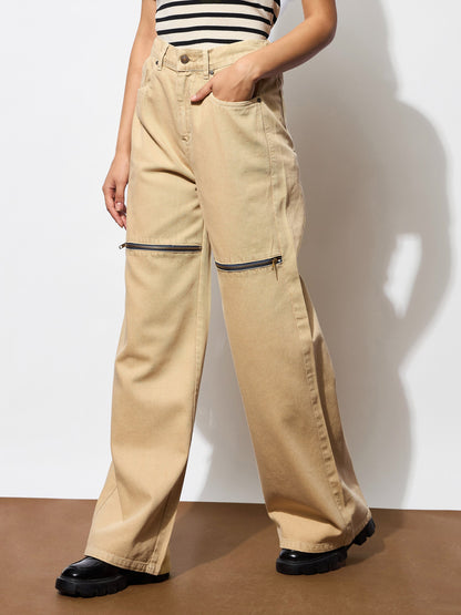 Women's Beige Zipper Design Baggy Jeans