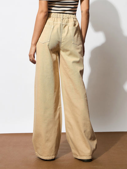 Women's Beige Zipper Design Baggy Jeans