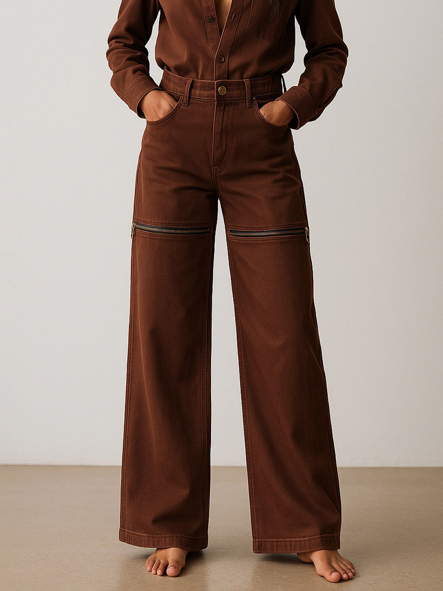 Women's Brown Zipper Design Baggy Jeans