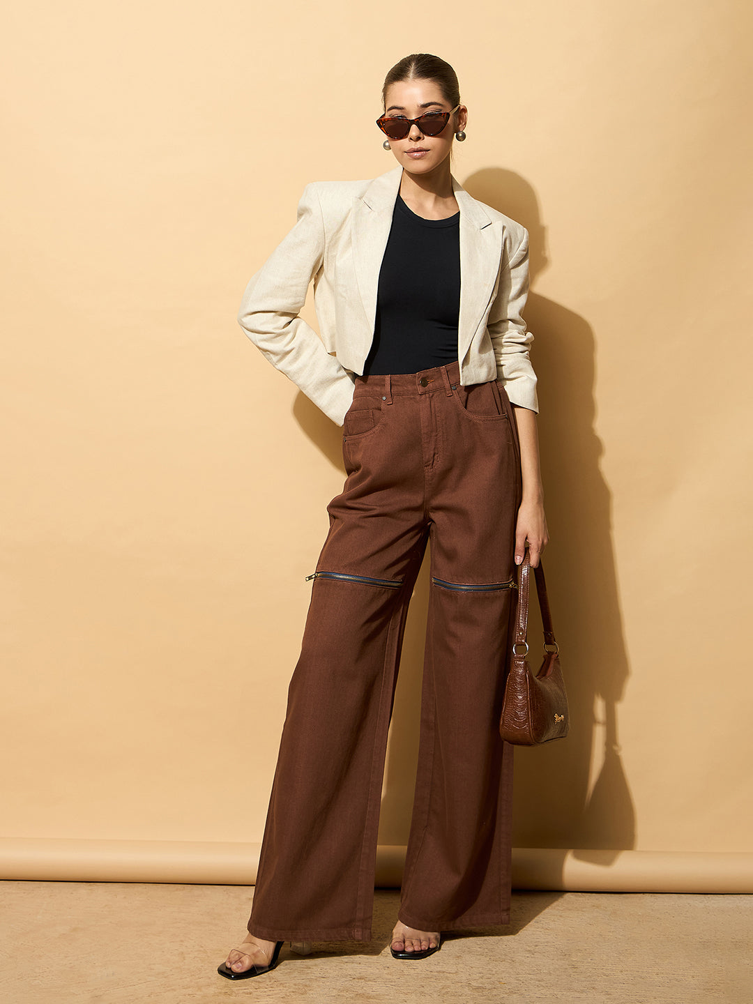Women's Brown Zipper Design Baggy Jeans