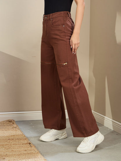 Women's Brown Zipper Design Baggy Jeans