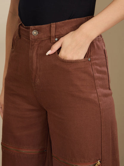 Women's Brown Zipper Design Baggy Jeans