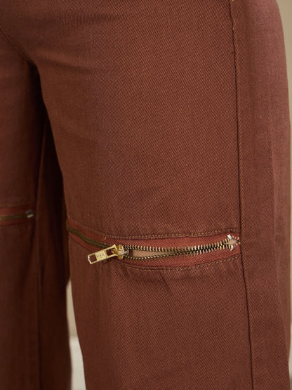 Women's Brown Zipper Design Baggy Jeans