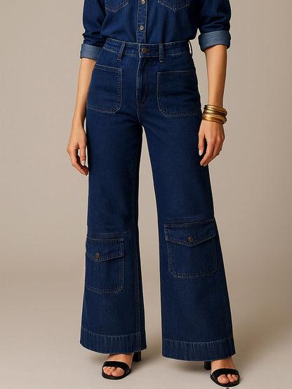 Women's Navy Blue Multi Pocket Stretch Straight Jeans