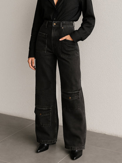 Women's Black Wash Multi Pocket Stretch Straight Jeans