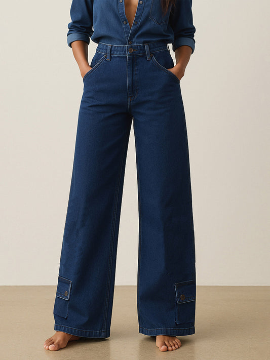 Women's Blue Washed Hem Pocket Stretch Straight Jeans