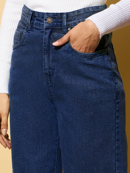 Women's Blue Washed Hem Pocket Stretch Straight Jeans