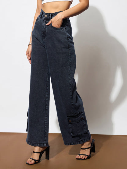 Women's Black Washed Hem Pocket Stretch Straight Jeans