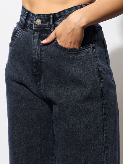 Women's Black Washed Hem Pocket Stretch Straight Jeans