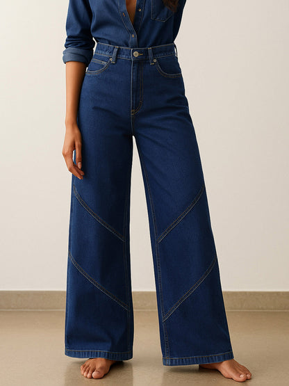 Women's Navy High-Rise Stitch Detail Straight Jeans