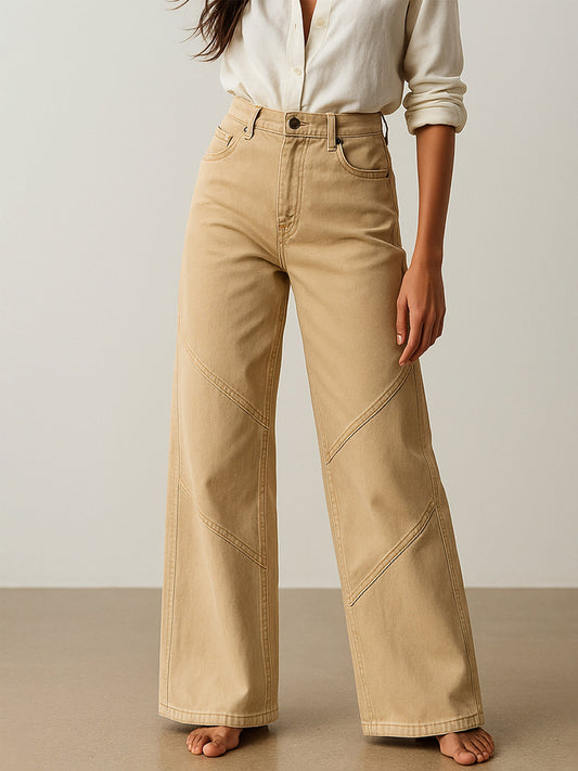 Women's Beige High-Rise Stitch Detail Straight Jeans