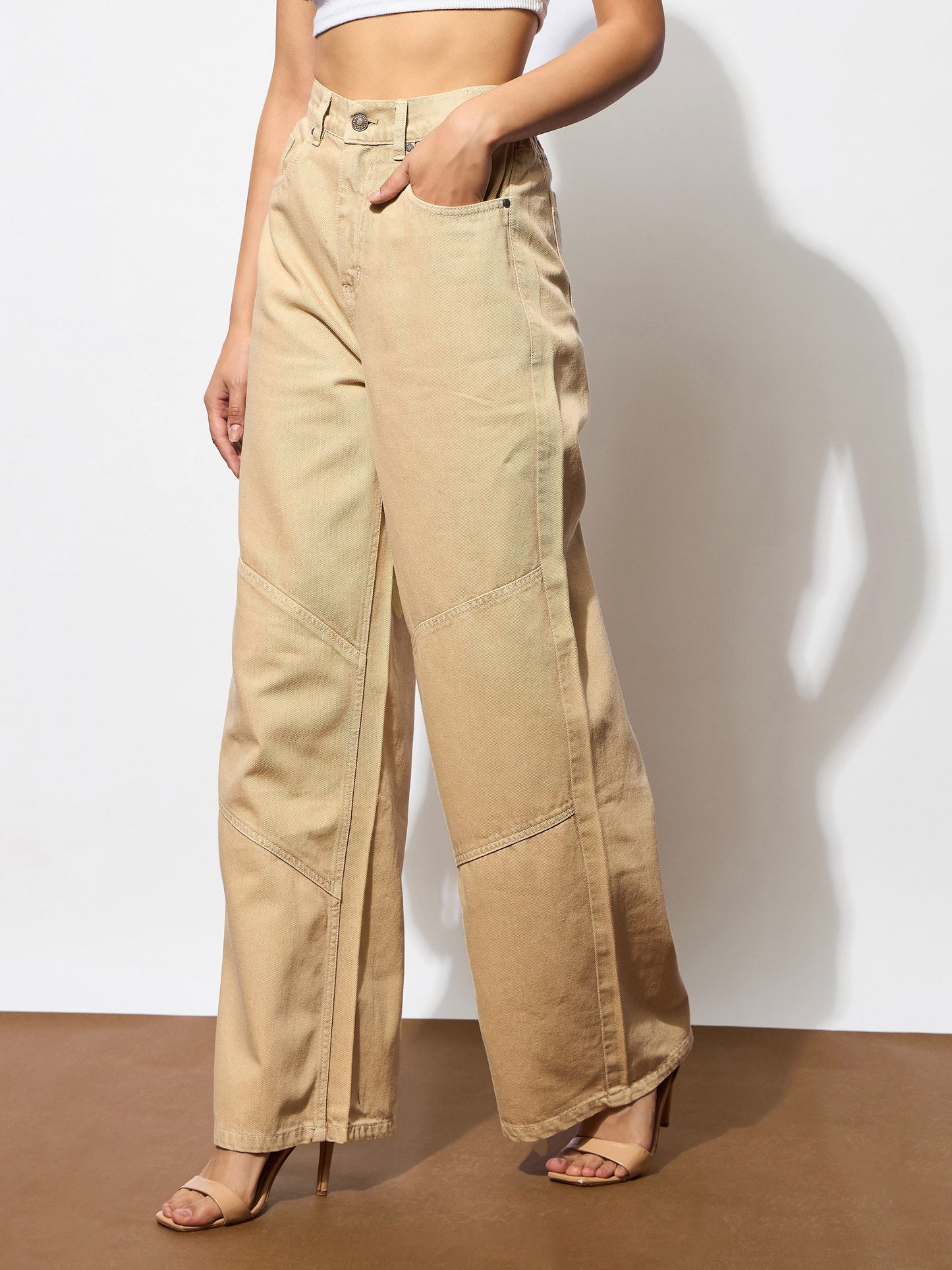 Women's Beige High-Rise Stitch Detail Straight Jeans