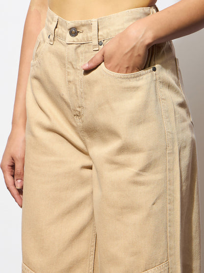 Women's Beige High-Rise Stitch Detail Straight Jeans
