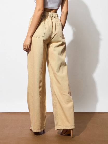 Women's Beige High-Rise Stitch Detail Straight Jeans