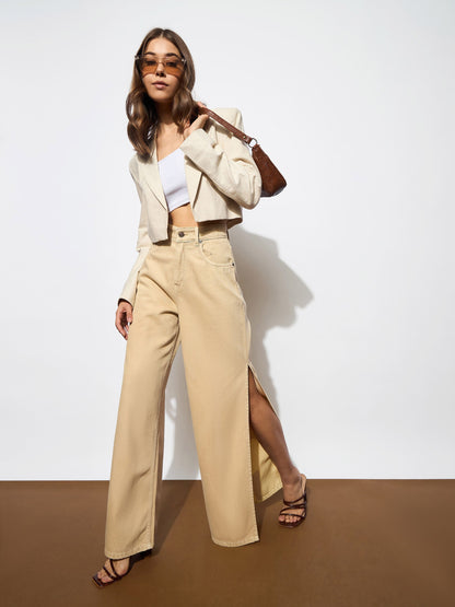 Women's Beige Side Slit Wide Leg Jeans