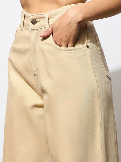 Women's Beige Side Slit Wide Leg Jeans