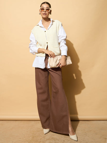 Women's Brown Side Slit Wide Leg Jeans