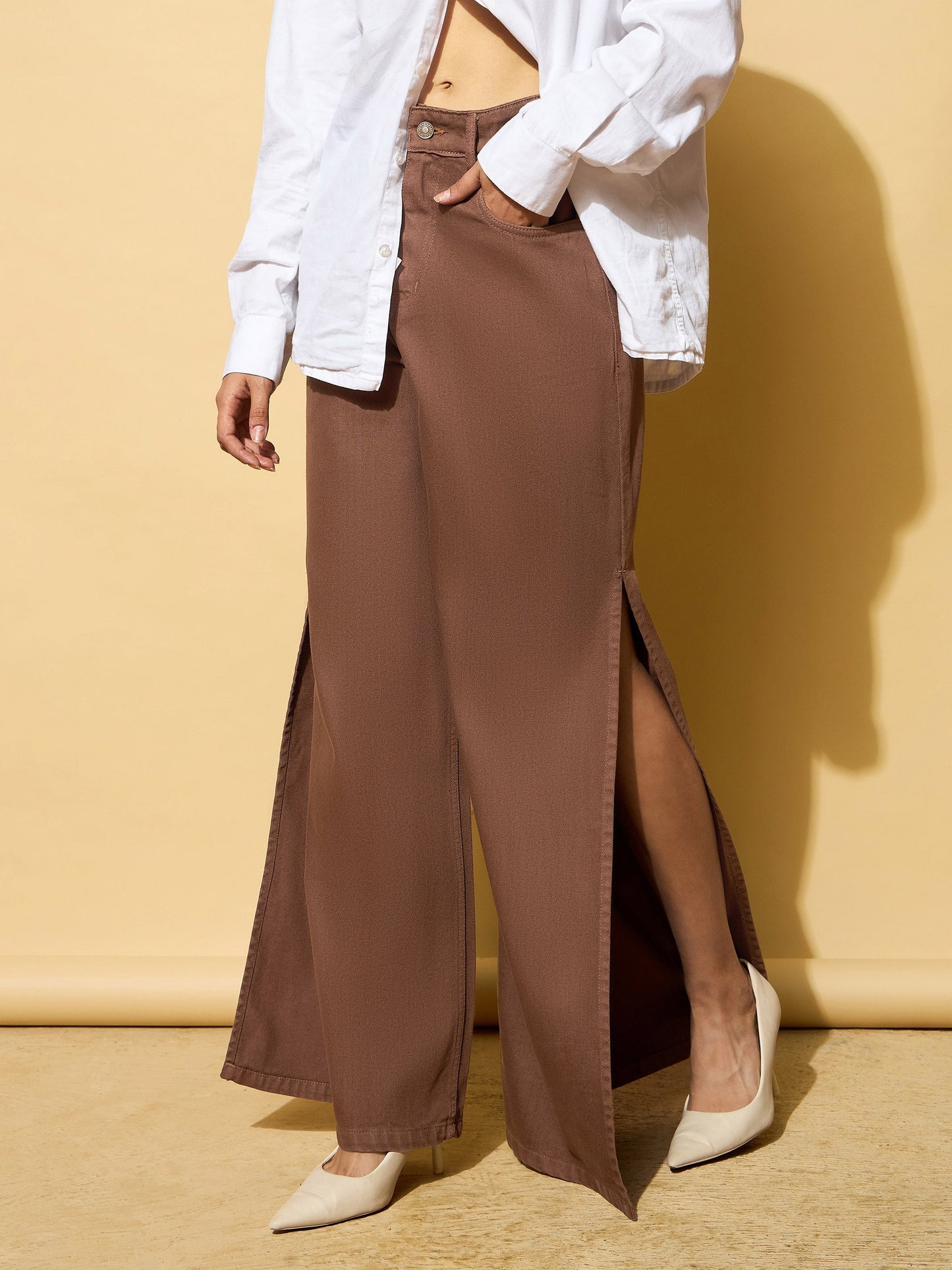 Women's Brown Side Slit Wide Leg Jeans