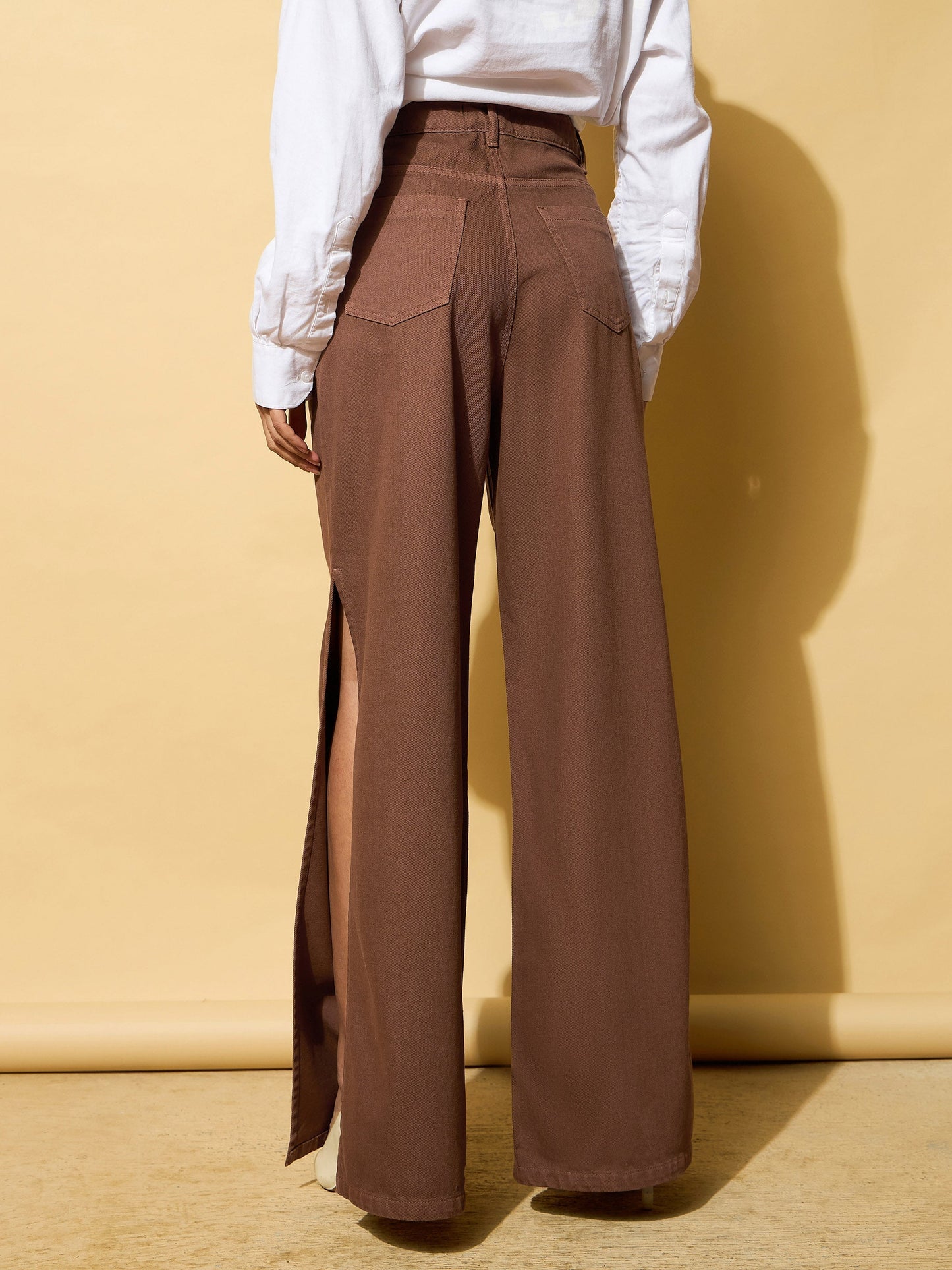 Women's Brown Side Slit Wide Leg Jeans