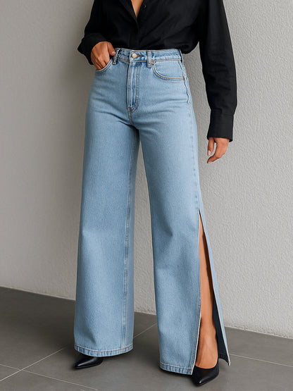 Women's Blue Side Slit Wide Leg Jeans
