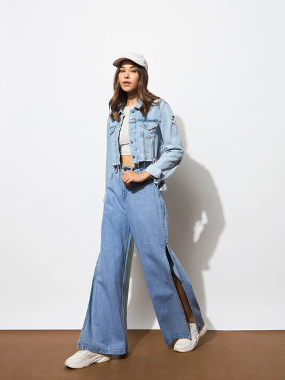 Women's Blue Side Slit Wide Leg Jeans