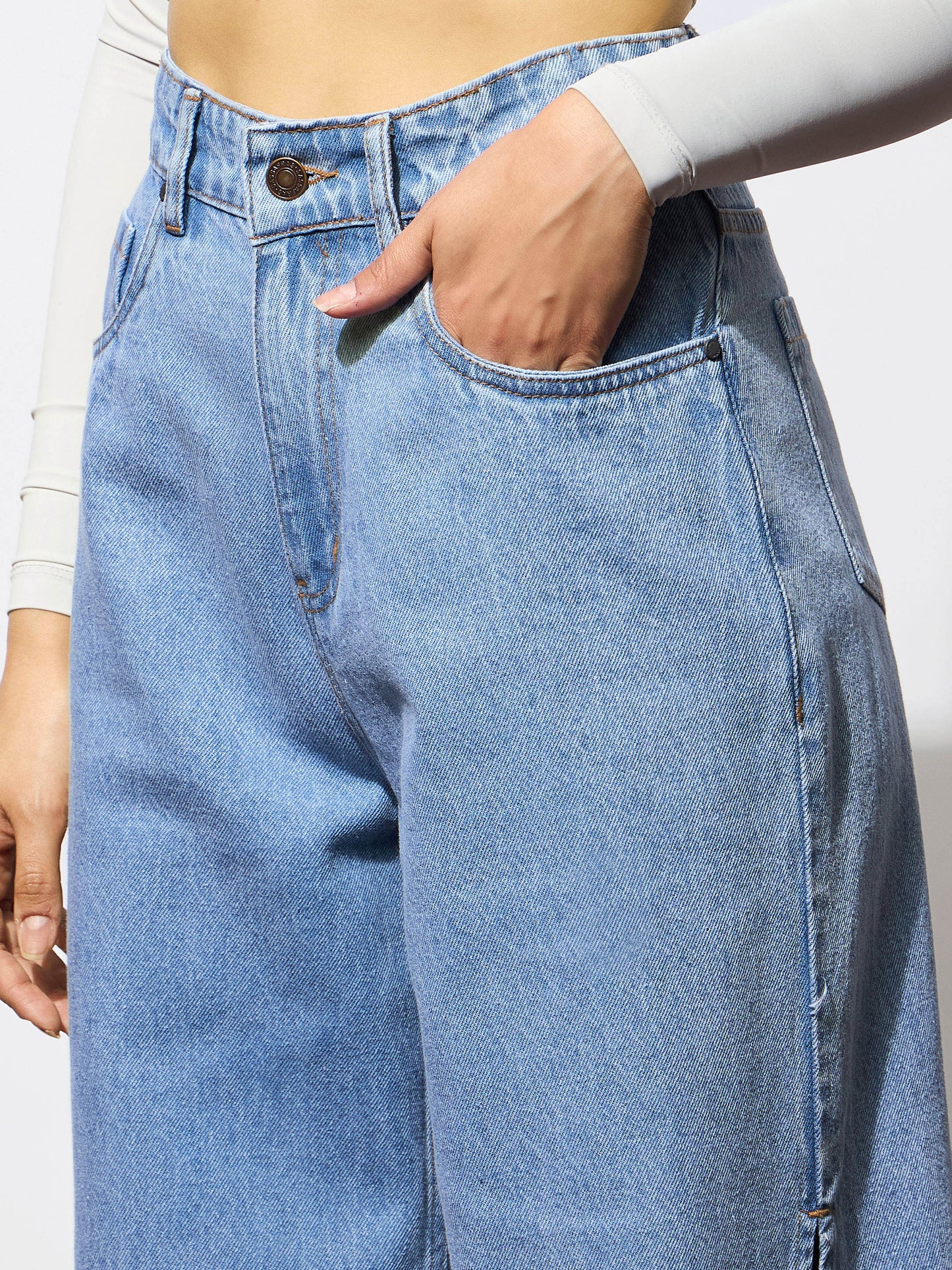 Women's Blue Side Slit Wide Leg Jeans