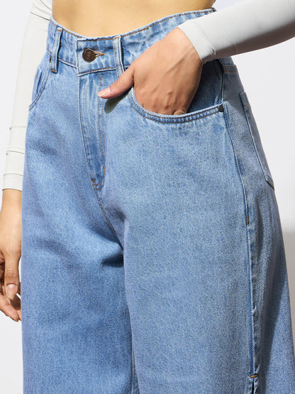 Women's Blue Side Slit Wide Leg Jeans