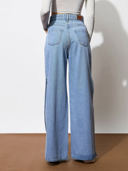 Women's Blue Side Slit Wide Leg Jeans
