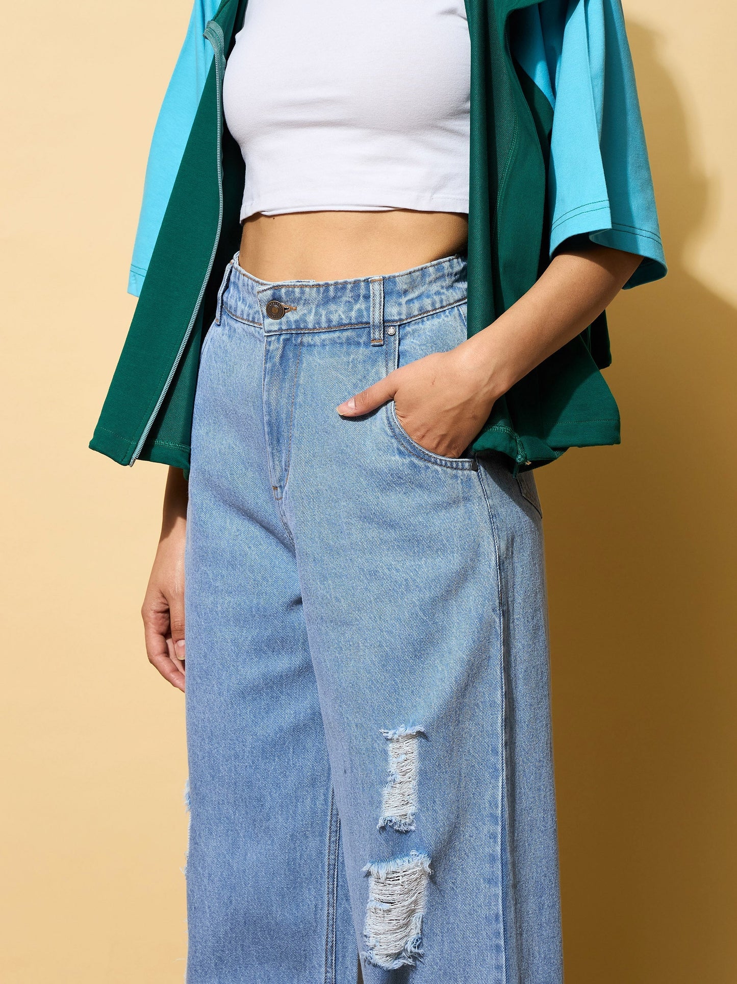 Women's Light Blue Heavy Distressed Straight Frayed Jeans