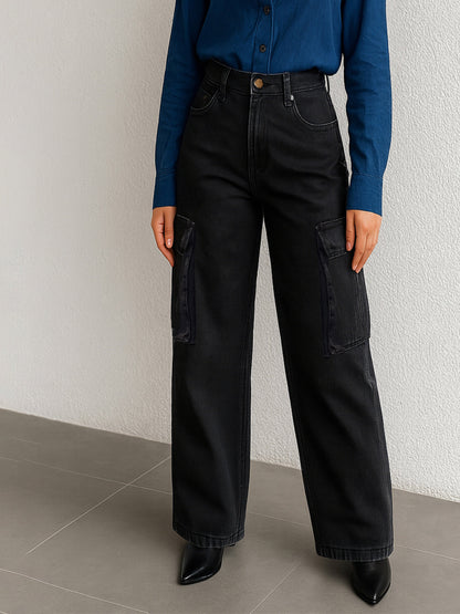 Women's Black Washed Box Pockets Cargo Jeans