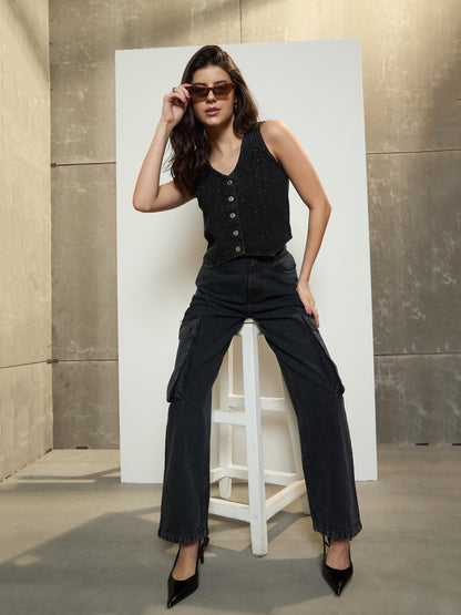 Women's Black Washed Box Pockets Cargo Jeans