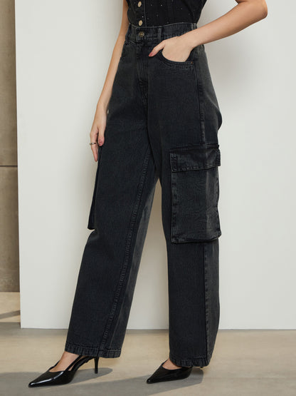 Women's Black Washed Box Pockets Cargo Jeans