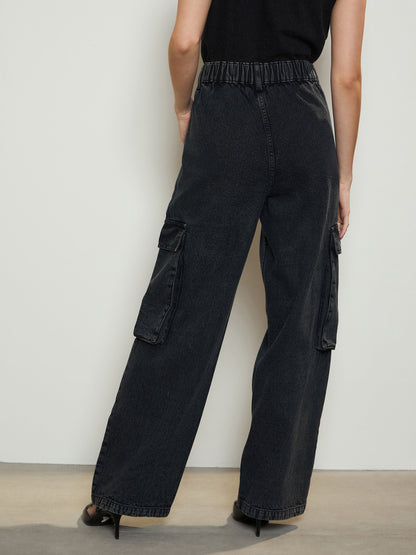 Women's Black Washed Box Pockets Cargo Jeans