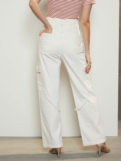 Women's White Twill Cargo Jeans With Looped Straps