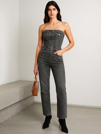 Women's Grey Denim Off-Shoulder Flap Jumpsuit
