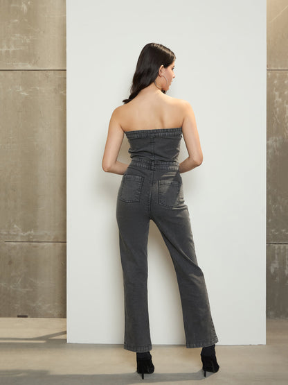 Women's Grey Denim Off-Shoulder Flap Jumpsuit