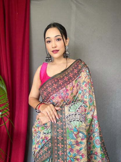 Women's  Cream Color Cotton Bandhani Kalamkari Printed Saree Cream