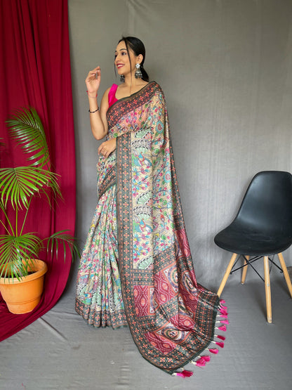 Women's  Cream Color Cotton Bandhani Kalamkari Printed Saree Cream