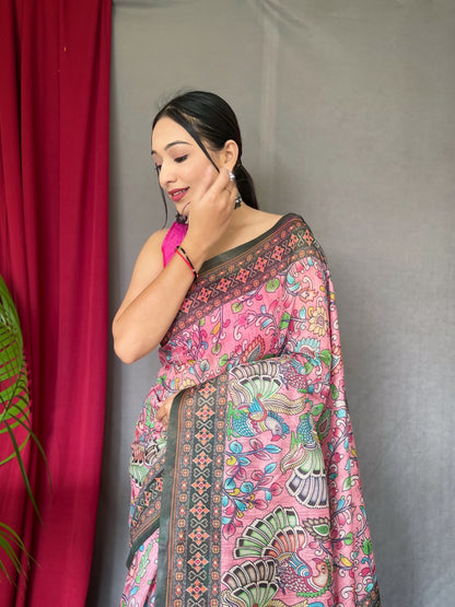 Women's  Pink Color Cotton Bandhani Kalamkari Printed Saree Pink