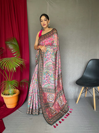 Women's  Pink Color Cotton Bandhani Kalamkari Printed Saree Pink
