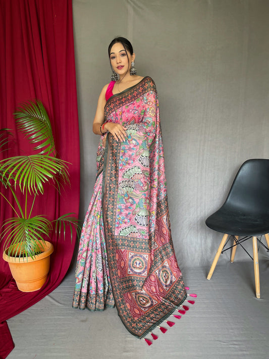 Women's  Pink Color Cotton Bandhani Kalamkari Printed Saree Pink