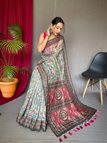 Women's Pista Green Color Cotton Bandhani Kalamkari Printed Saree Pista Green