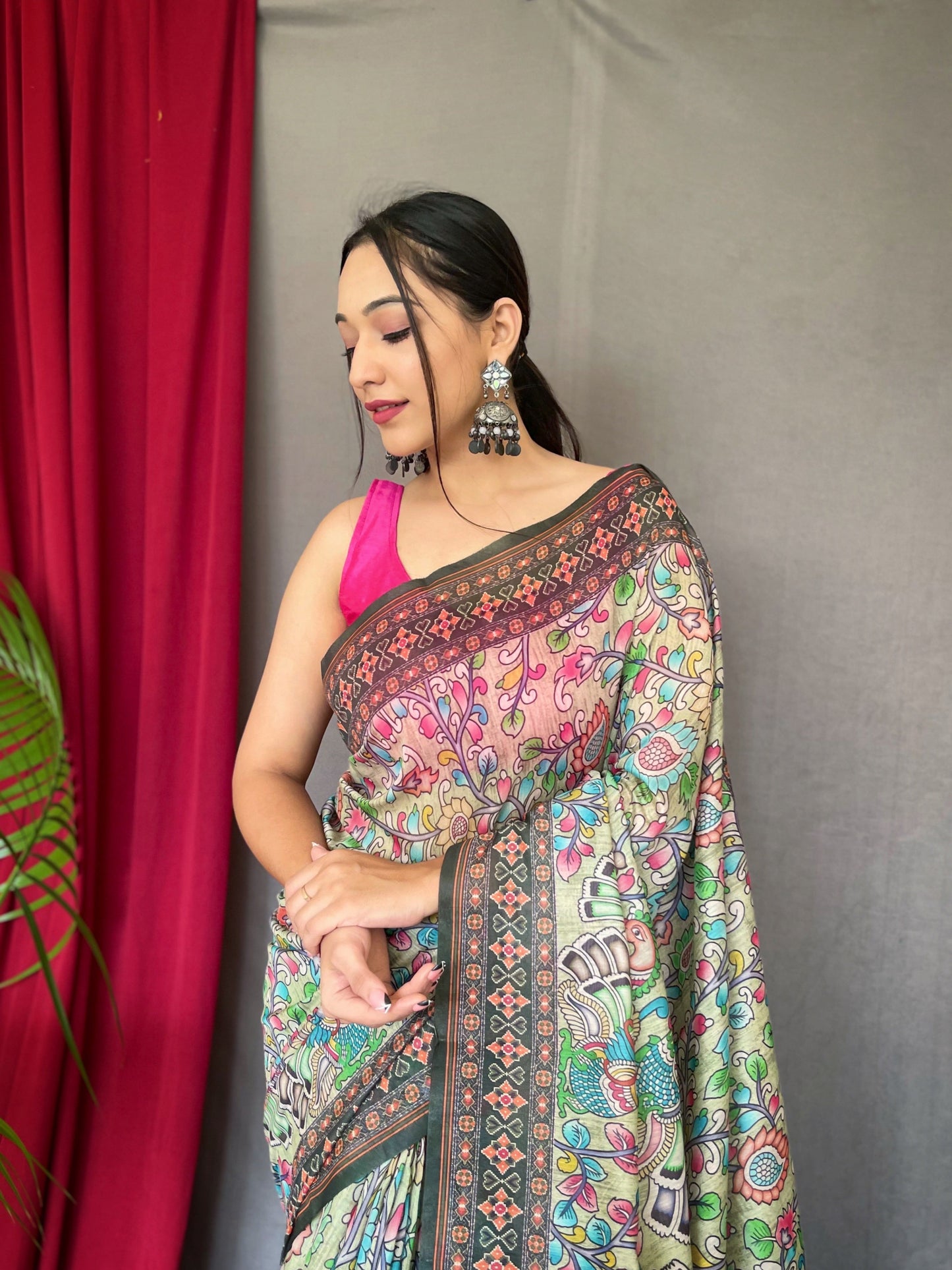 Women's Pista Green Color Cotton Bandhani Kalamkari Printed Saree Pista Green