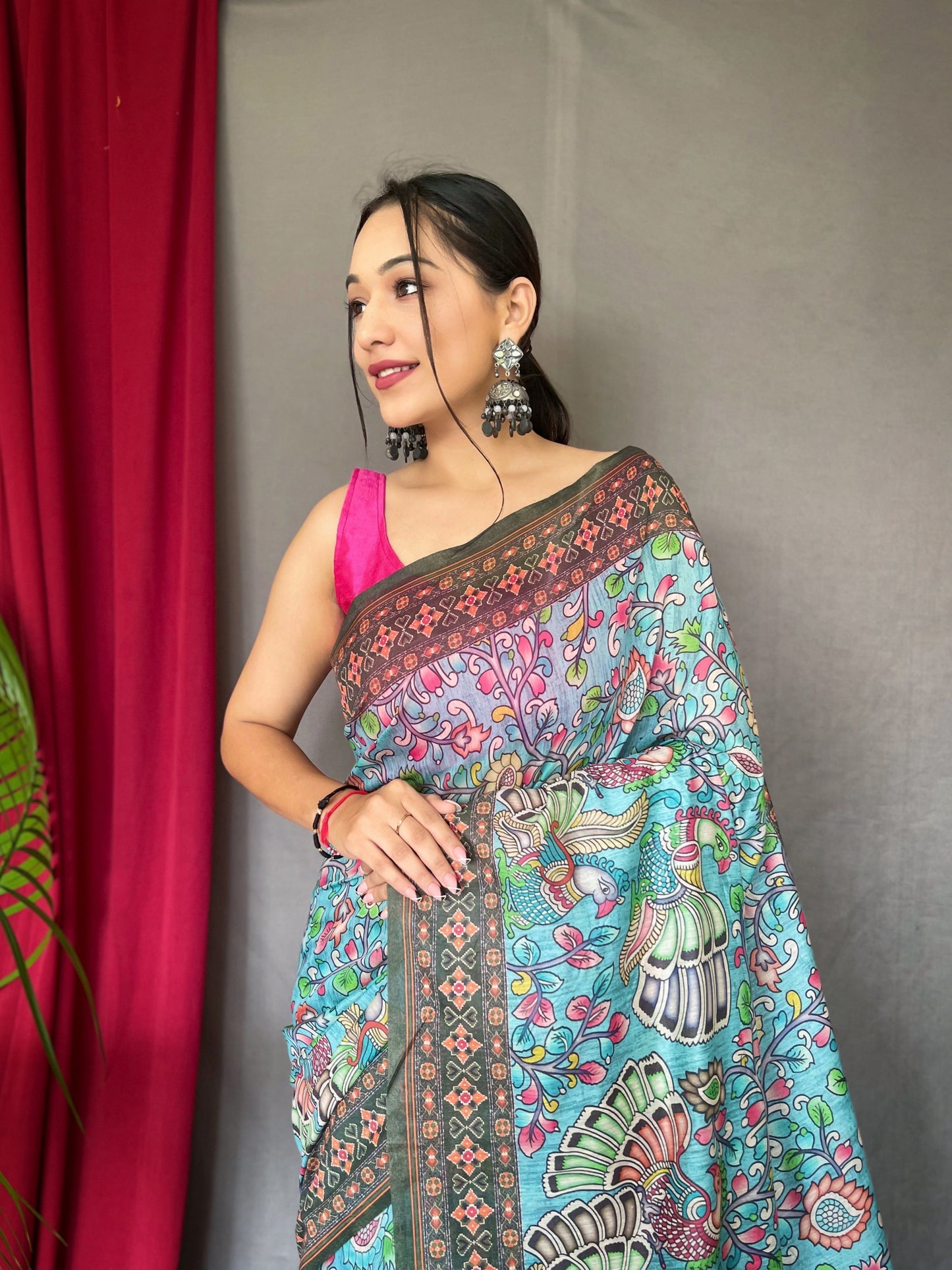 Women's Light Blue Color Cotton Bandhani Kalamkari Printed Saree Light Blue