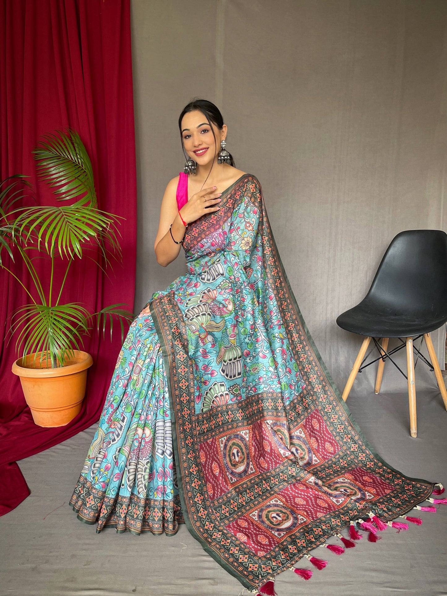 Women's Light Blue Color Cotton Bandhani Kalamkari Printed Saree Light Blue
