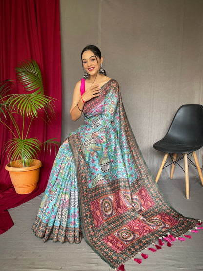 Women's Light Blue Color Cotton Bandhani Kalamkari Printed Saree Light Blue