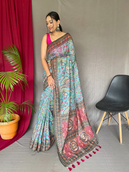 Women's Light Blue Color Cotton Bandhani Kalamkari Printed Saree Light Blue