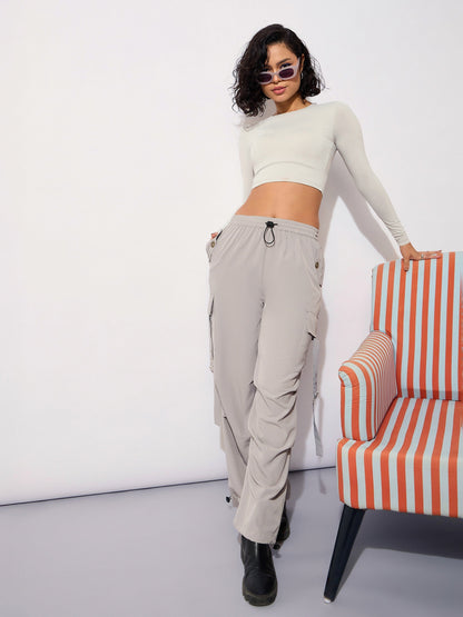 Women's Grey Parachute Side Metal Buckle Detail Cargos